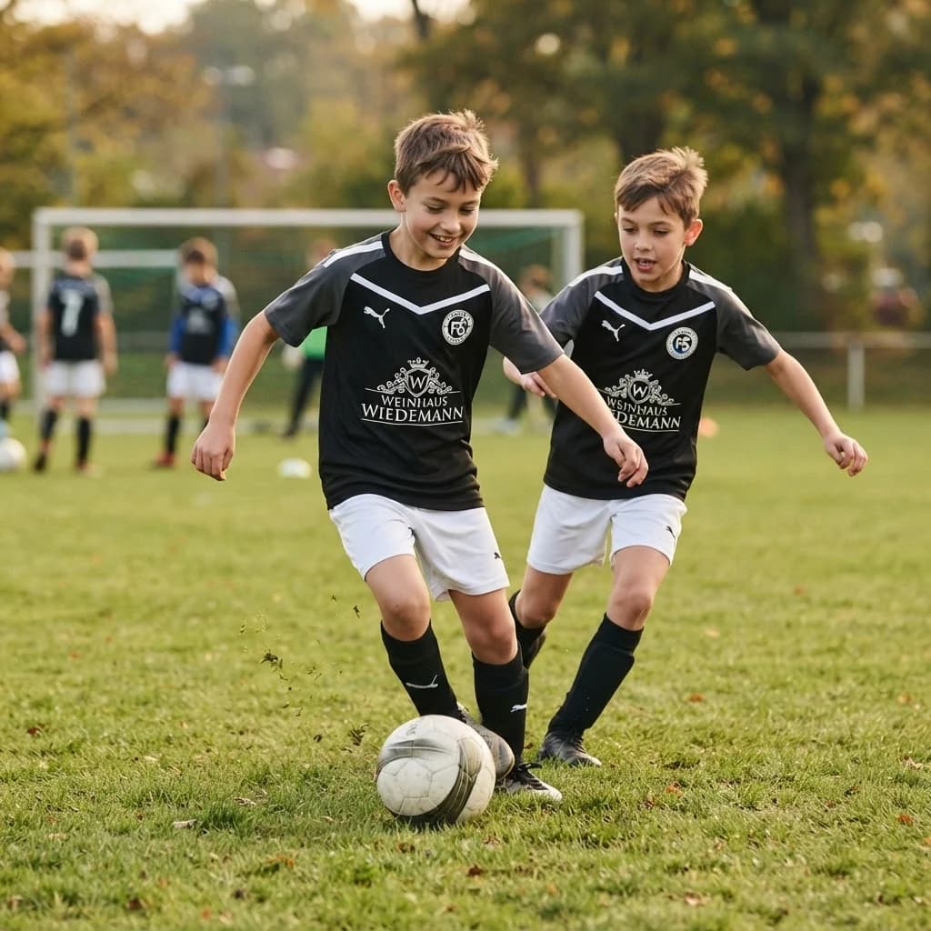 Zwei Spieler der E-Jugend dribbeln mit sichtbarer Freude im schwarz-grauen Trikot über den Rasen