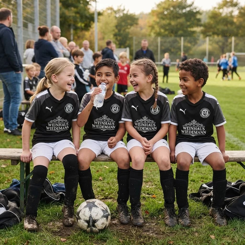 Vier Kinder der F-Jugend sitzen lachend auf einer Bank am Spielfeldrand, ein Fußball liegt vor ihnen
